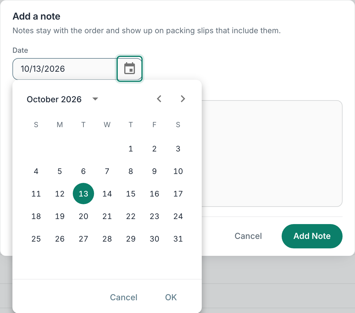 The calendar icon is highlighted in the Add a note dialog, with the calendar open.