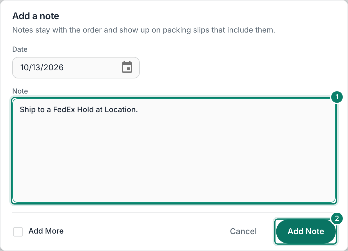 The Note field and Add Note are highlighted, numbered 1 and 2, in the Add a note dialog.