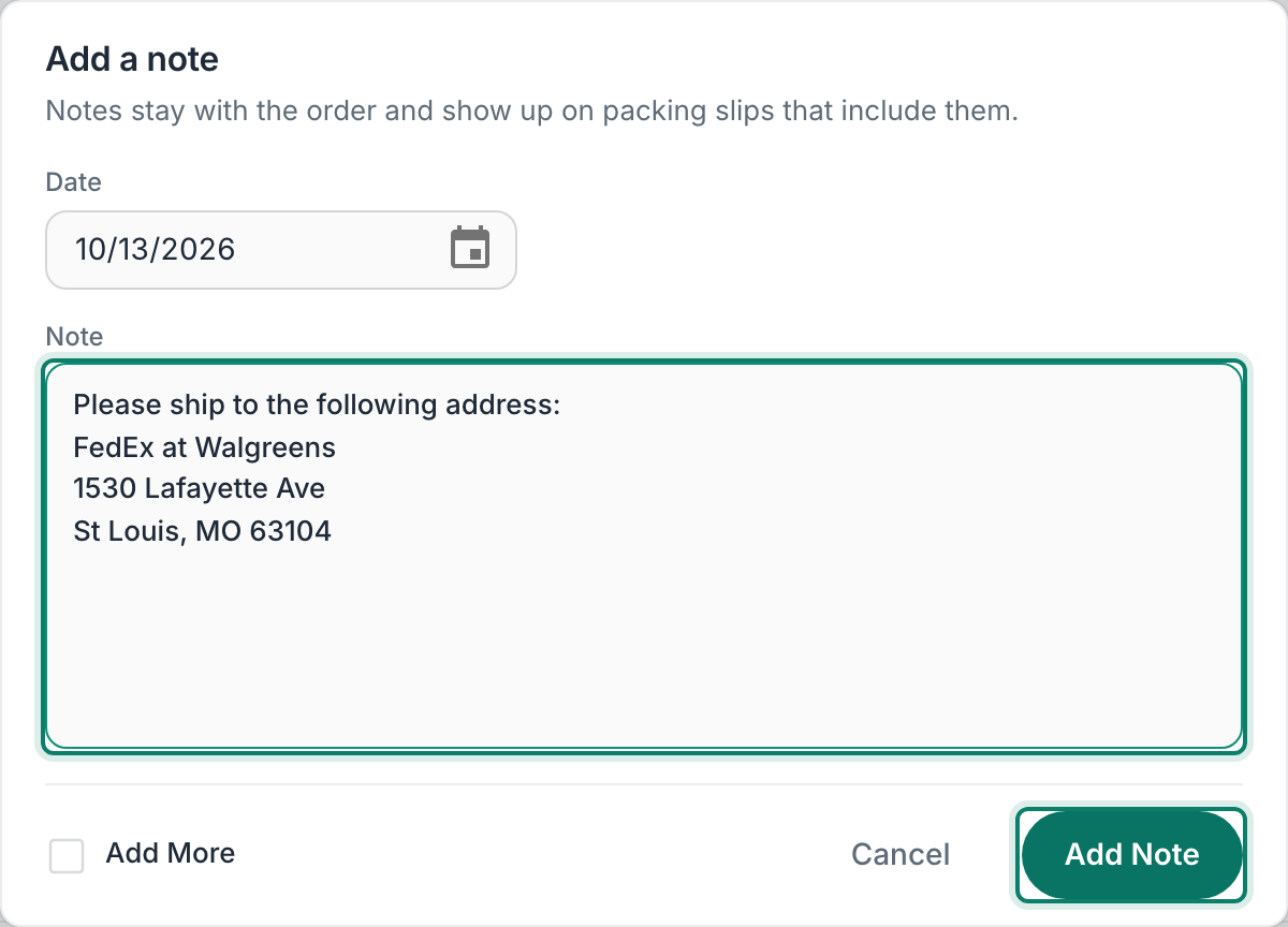 The Note field and Add Note are highlighted in the Add a note dialog.