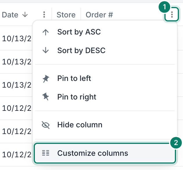 The column menu icon and Customize columns are highlighted, numbered 1 and 2, in the column menu.