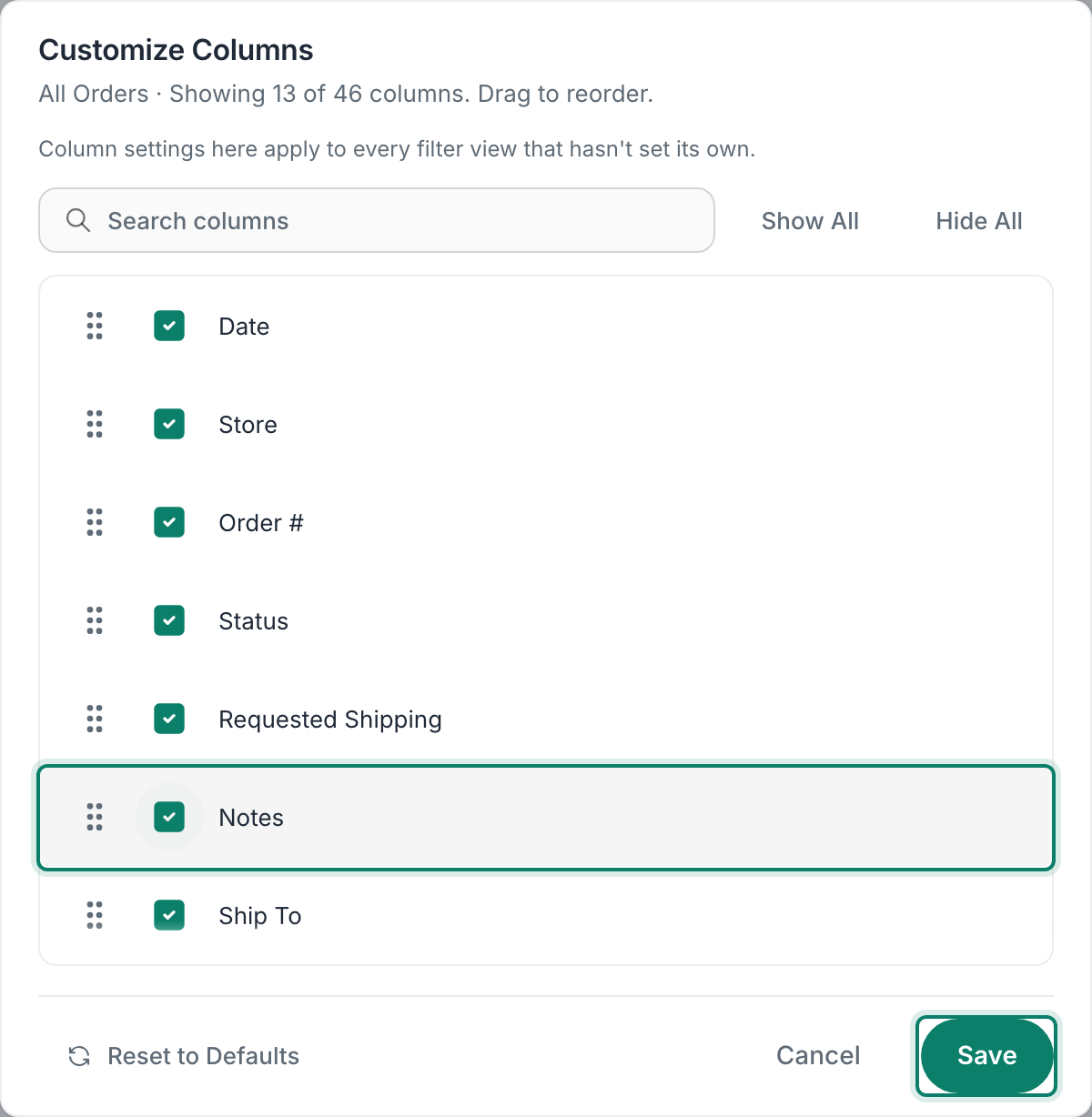 The Notes column checkbox and Save are highlighted in the Customize Columns dialog.