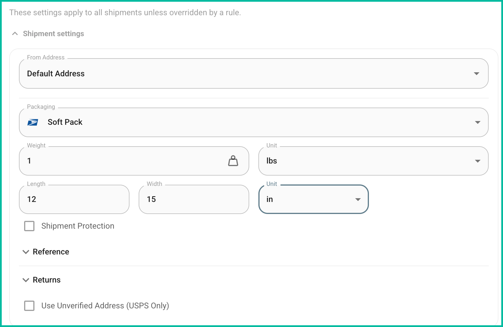The default shipping settings are displayed.
