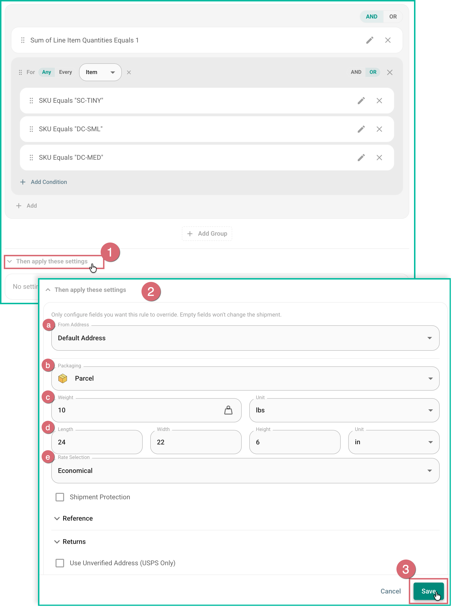 The shipping settings are being configured for the rule.