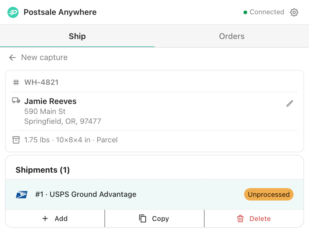 Postsale Anywhere on a Mac with order WH-4821's ship-to address captured from the screen