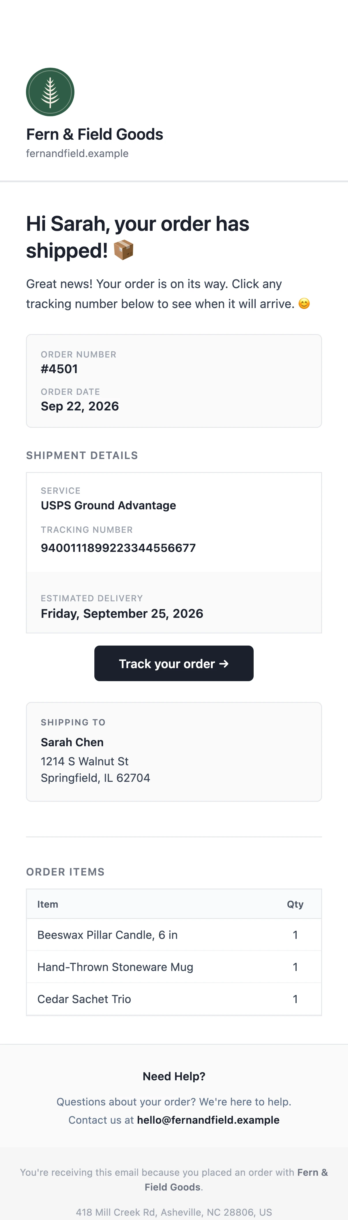 Sarah's shipment email from Fern & Field Goods, with the store's logo: her order 4501 has shipped by USPS Ground Advantage, with a Track your order button