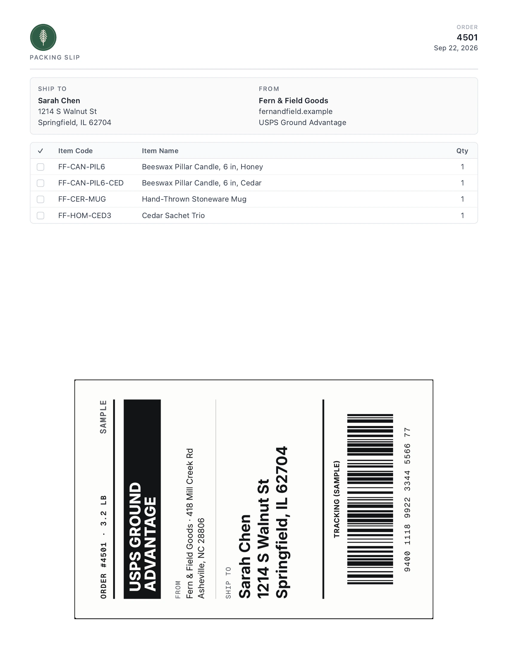 Postsale's integrated packing slip for order 4501, with Sarah Chen's USPS Ground Advantage label printed on the bottom half